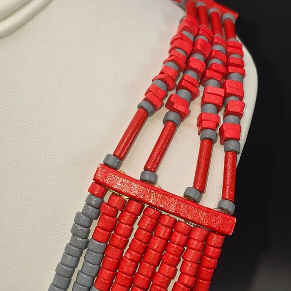 Vintage Multilayer Red & Gray Beaded Statement Necklace HS201 - Picture 3 of 9